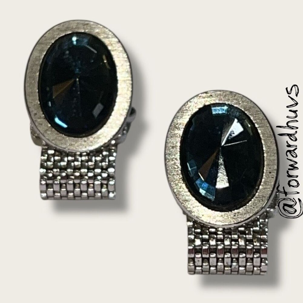 Vintage Silver-Tone Mesh Cufflinks – Faceted Blue Glass Stones